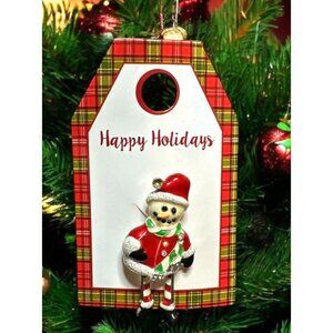 Vintage Inspired Happy Holidays Santa Snowman Brooch Pin Rhinestone Scarf